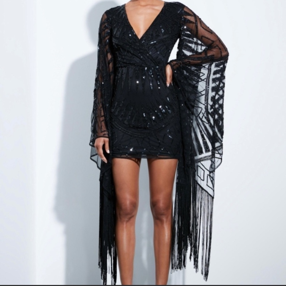 Peace + Love Kimono Black Embellished Mini Dress